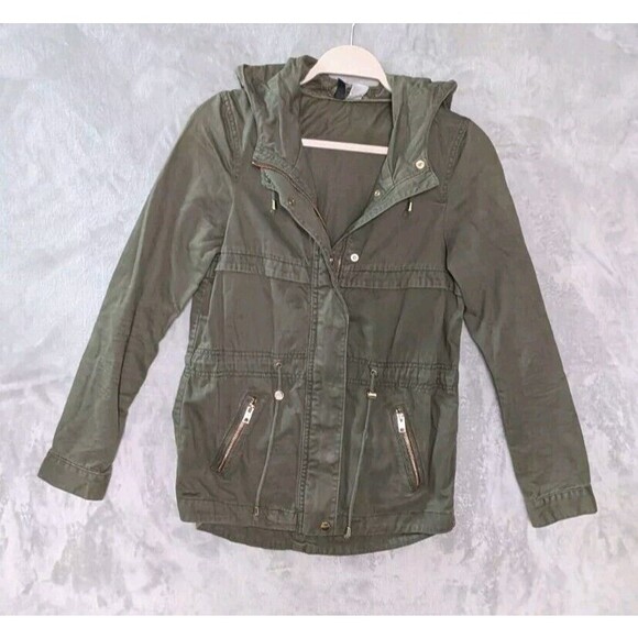 DIVIDED By H&M Sz 4 Hooded Jacket Womens Army Green Lightweight Utility Olive - Picture 1 of 6